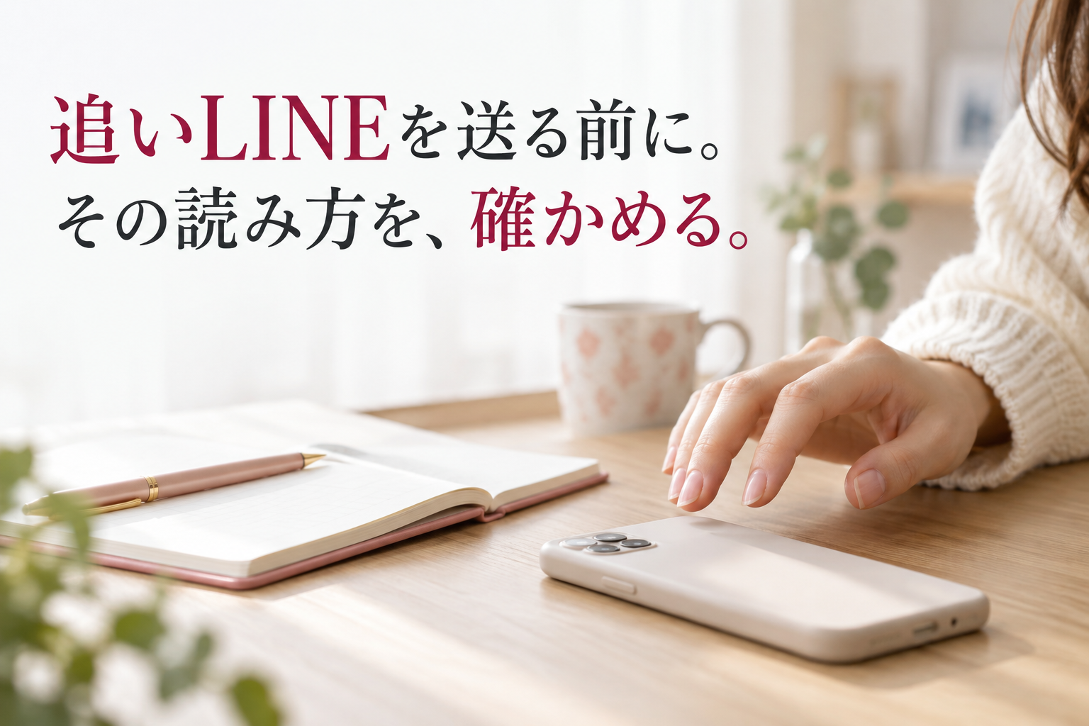追いLINEを送る前に。その読み方を、確かめる。スマートフォンに触れようとして立ち止まる手。