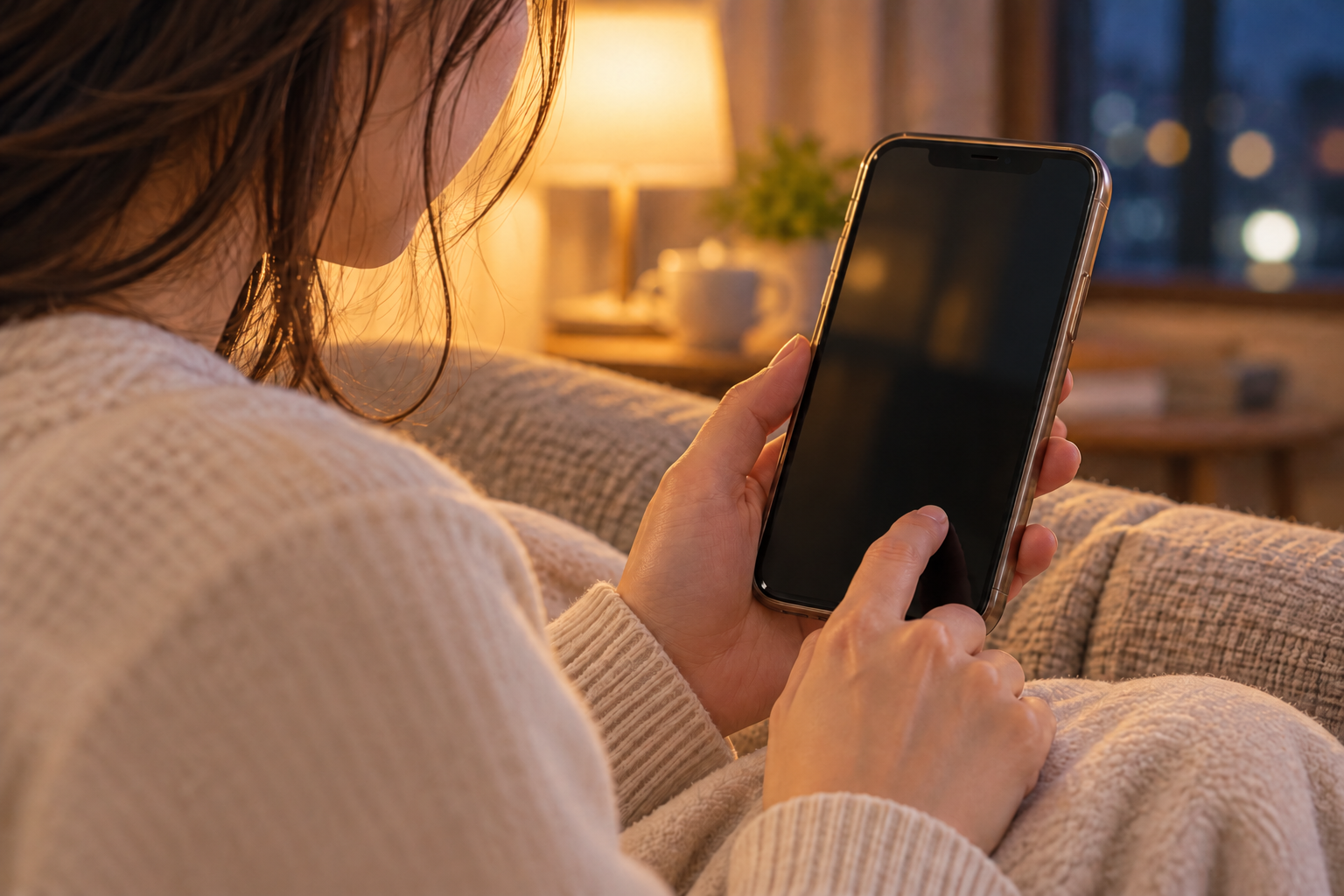 入力した文を消して、スマホを見つめる女性の場面イメージ