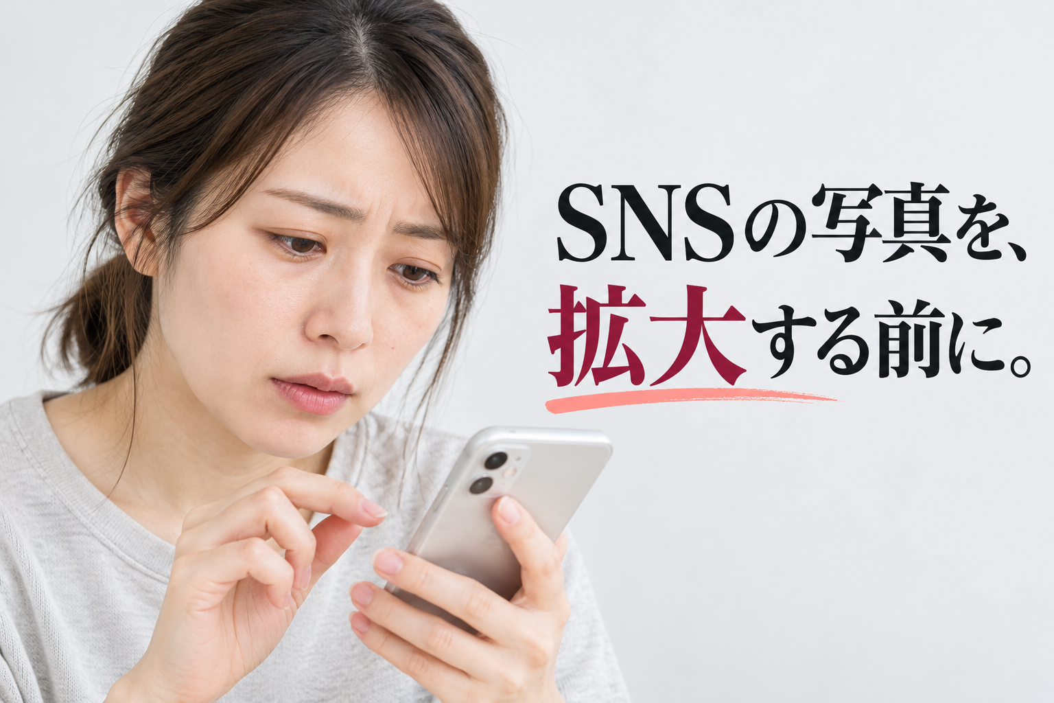 SNSの写真を、拡大する前に。スマートフォンで写真を見つめる女性。
